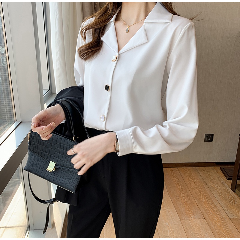 Korean Style Kemeja Putih Hitam Wanita Lengan Panjang Polos Baju Kemeja Wanita Kekinian Women Black White Suit Collar Long Sleeve Blouses Shirts