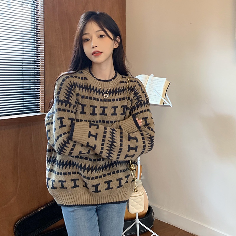 Sweater Pullover Leher Bulat Jacquard Longgar Yang Chic Untuk Wanita