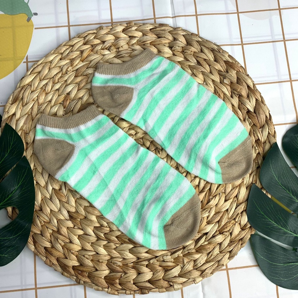 HC Kaos Kaki Ankle Polos Wanita KaosKaki Pendek Korea Murah Short Socks Kaos Kaki Motif Love Garis Murah-3 GARIS CREAM HIJAU