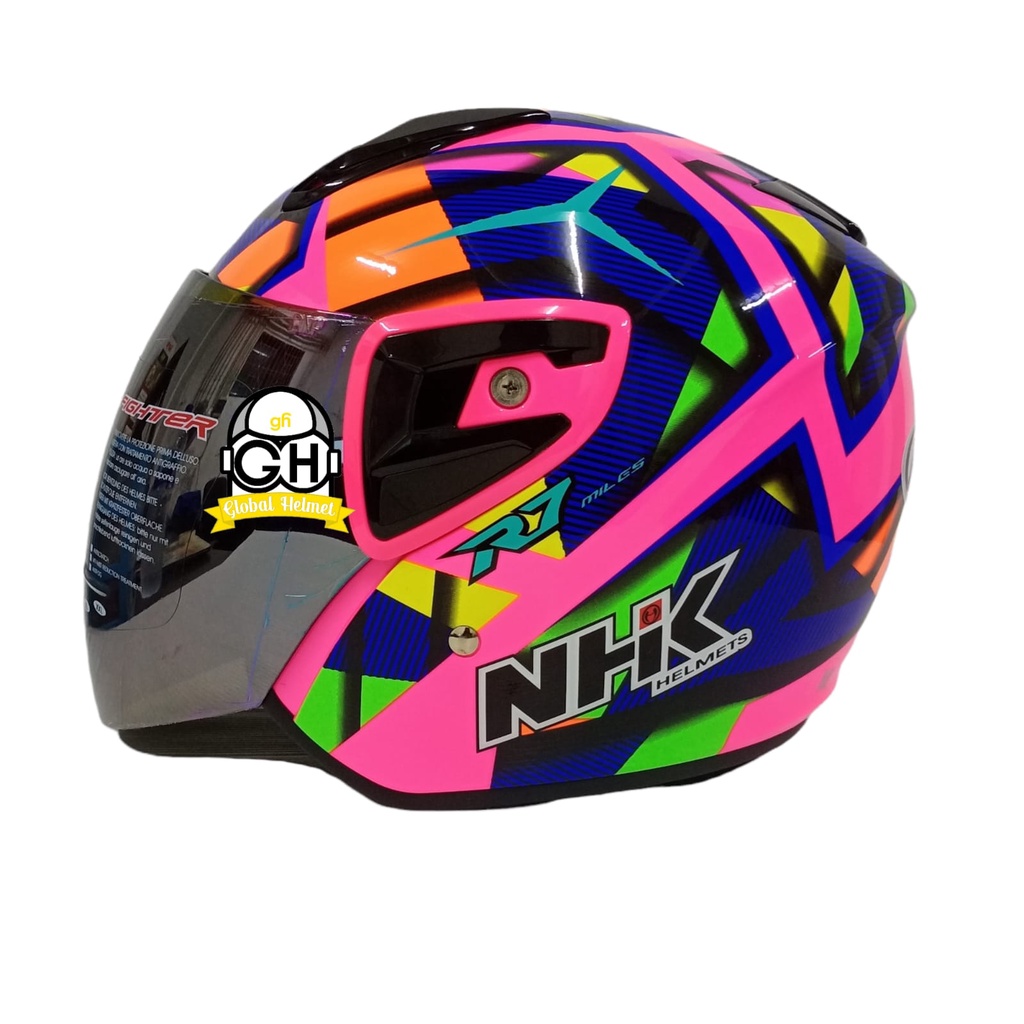 Helm NHK R7 Aurora Pink Flo Half Face Single Visor Rainbow - Helem Motor SNI DOT Touring Dewasa Pria Wanita Cewek Cowok Helmet Keren Terbaru Original