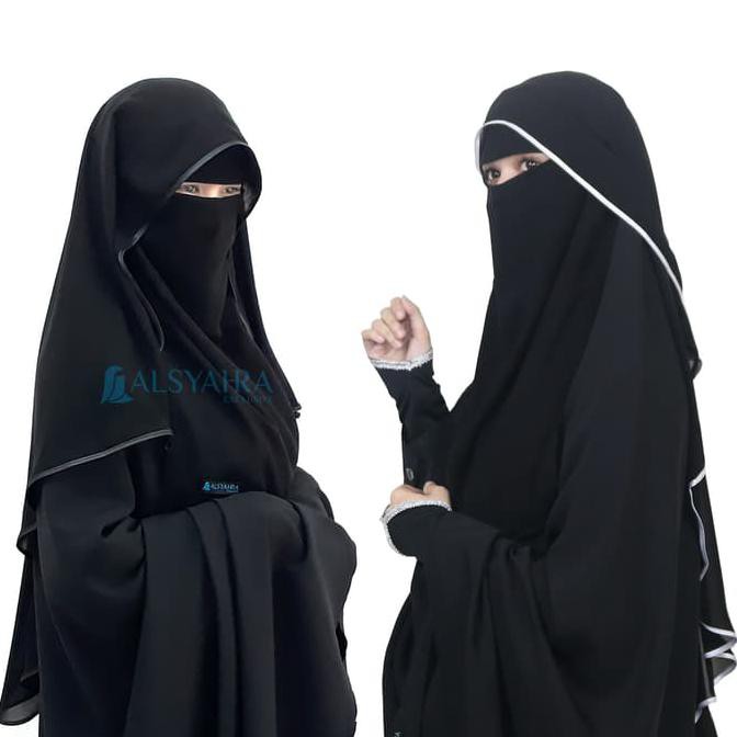 Niqab Butterfly Kancing Original Alsyahra Chiffon Silk Jetblack - Putih GRATIS ONGKIR