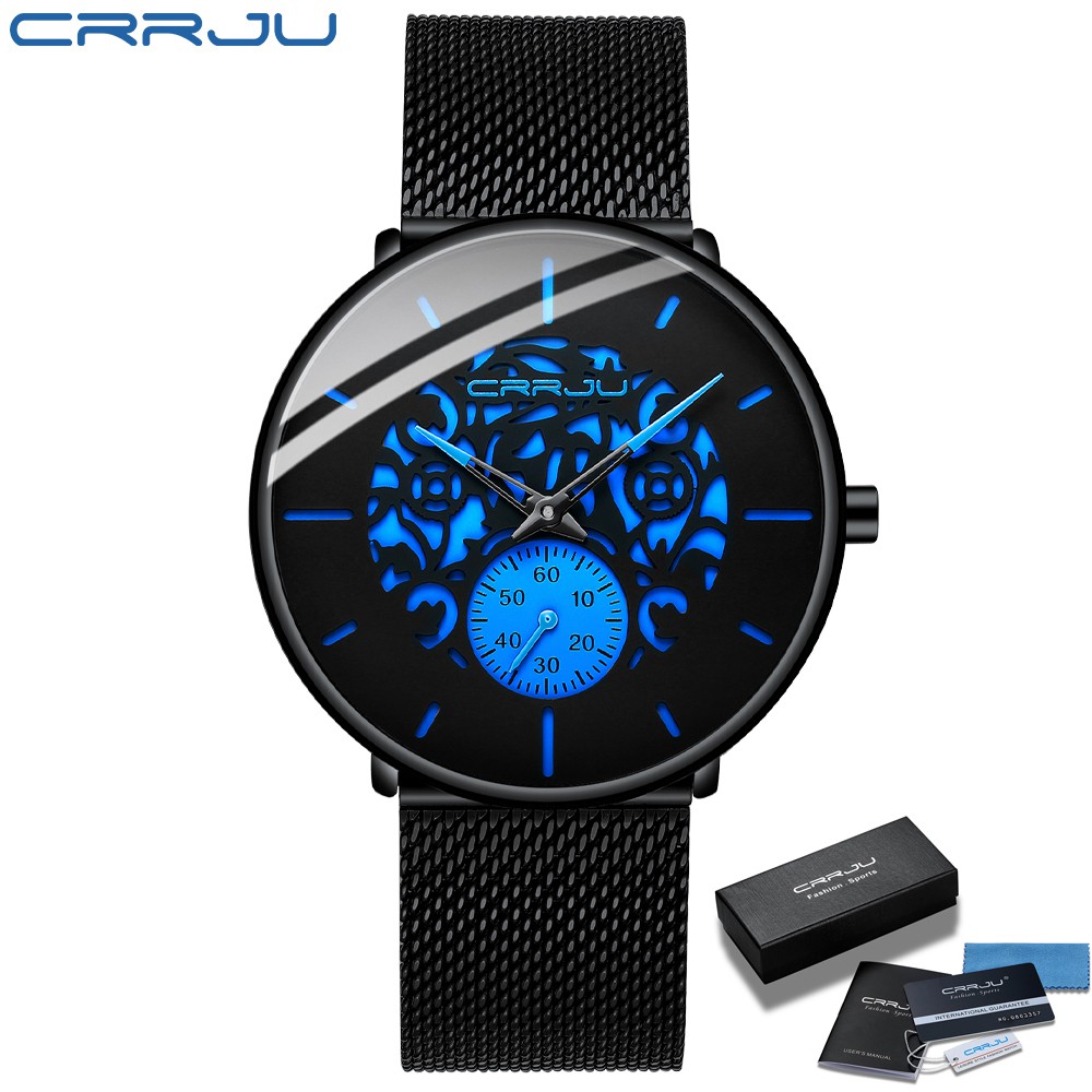 CRRJU Ultra Tipis Mesh Strap Watch Retro Hollow Bunga Kasual Keren Jam Tangan Pria Tahan Air+ BOX