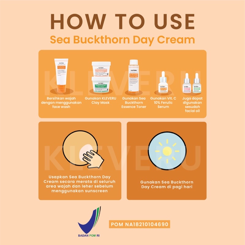 KLEVERU Sea Buckthorn Day &amp; Night Cream Indonesia / Cleansing Essence Toner Serum Ampoule Moiturizer Sunscreen Eye Mask Masker / Glass Skin Overnight Vitamin C Ferulic Centella Spirulina Rose Pink Ceramide Glow Organic Grapeseed Hydrating Gel Oil Water