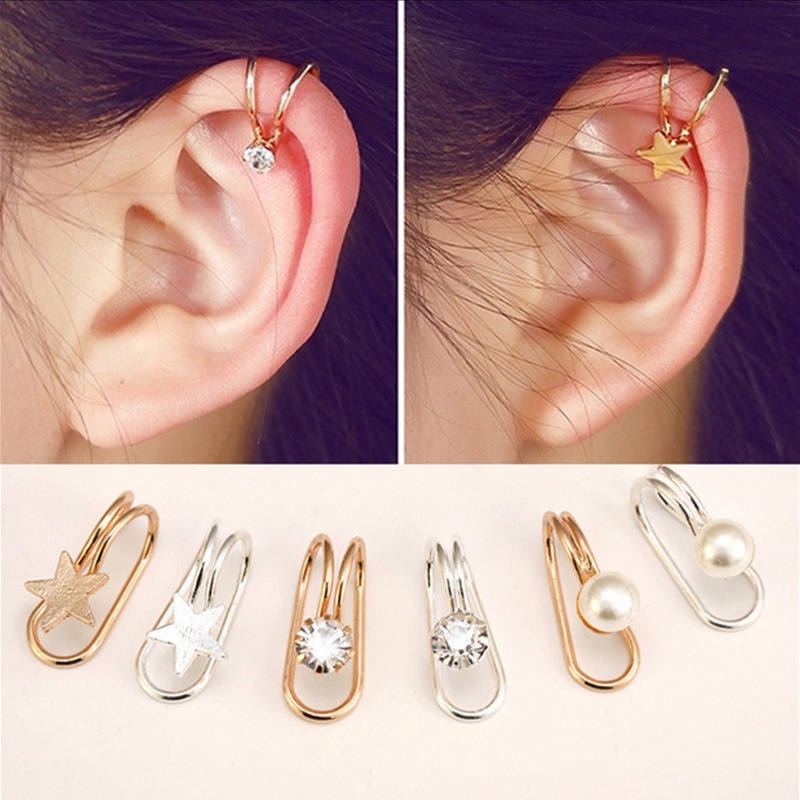 Anting Klip Tanpa Tindik Bentuk u Desain Bintang Hati Bulan Aksen Berlian Gaya Korea Untuk Wanita