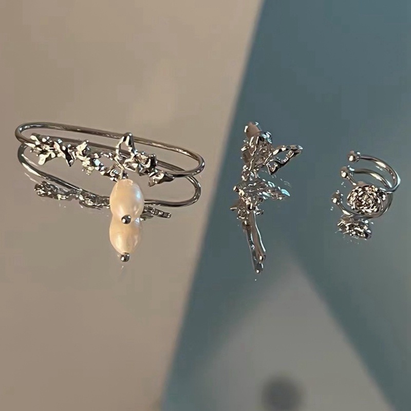 3pcs / Set Anting Stud Desain Kupu-Kupu Mutiara Warna Silver Gaya Vintage Korea Untuk Wanita