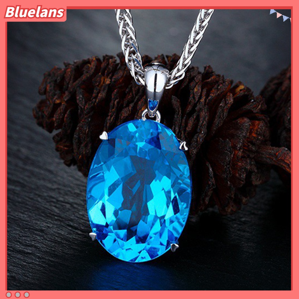 Kalung Rantai Liontin Berlian Imitasi Biru Besar Gaya Simple Elegan Untuk Wanita