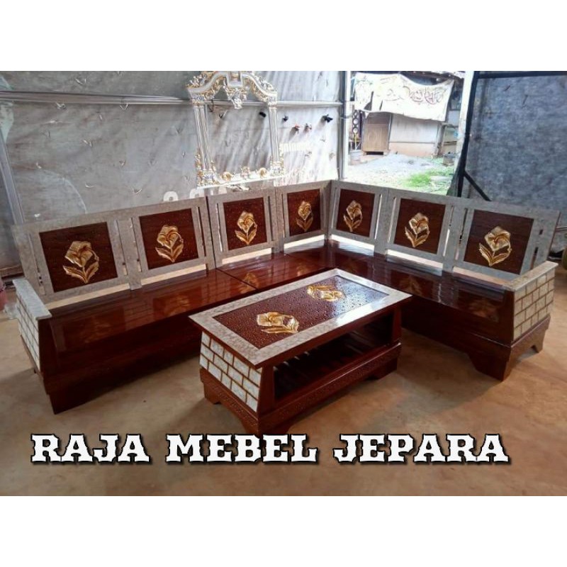 kursi tamu sudut motif bata kayu jati, kursi sudut jati mebel jepara