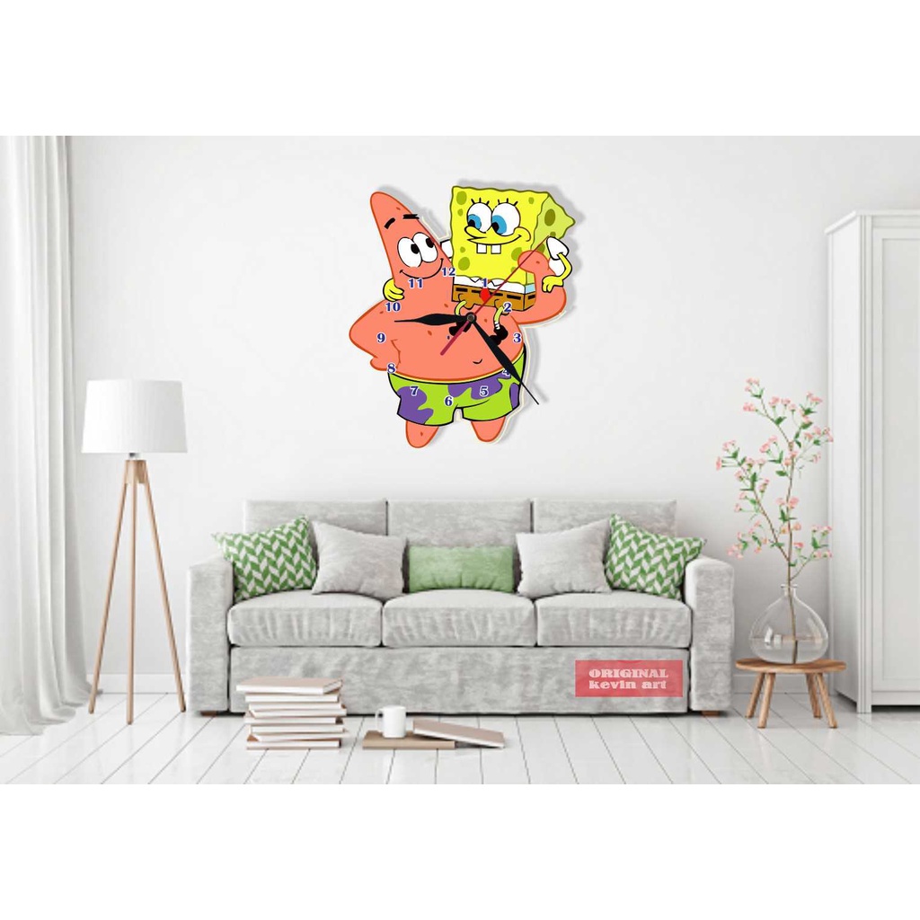 JAM DINDING ANAK ANIMASI SPONGEBOB HIASAN DEKORASI PAJANGAN UNIK BESAR KEVINART TERBARU FURNITURE