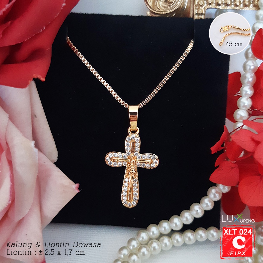 XLT 024  Kalung Salib Yesus Kristus Permata Zirkon Perhiasan Imitasi Lapis Emas 18K Aksesoris Rohani Kristen Katolik Rosario Luxx Xuping