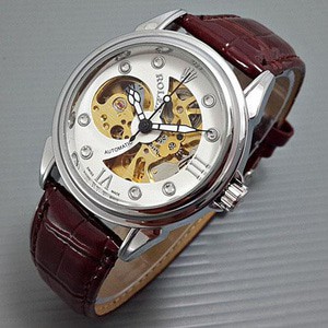 Jam Tangan Rolex Automatic Silver-Brown Motif Sabit Kulit Coklat