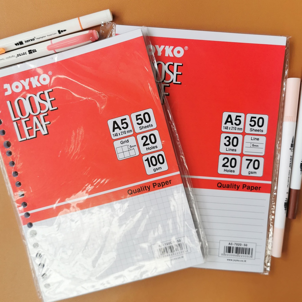 Loose Leaf A5 Joyko 50 Lembar 100 GSM 70 GSM Grid / Ruled - Kertas File / Isi Binder