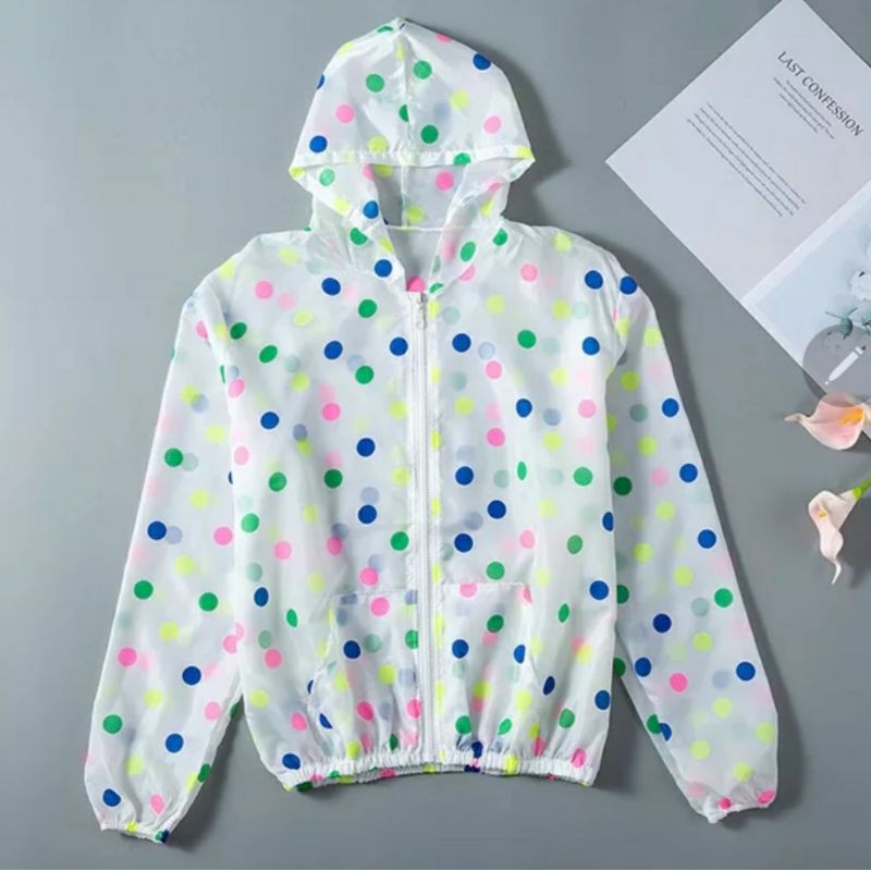 Jaket Wanita Trend Korea Anti UV Parasut Semi Transparan Woman Summer Sport Olahraga Casual Jacket-Polkadot Rainbow