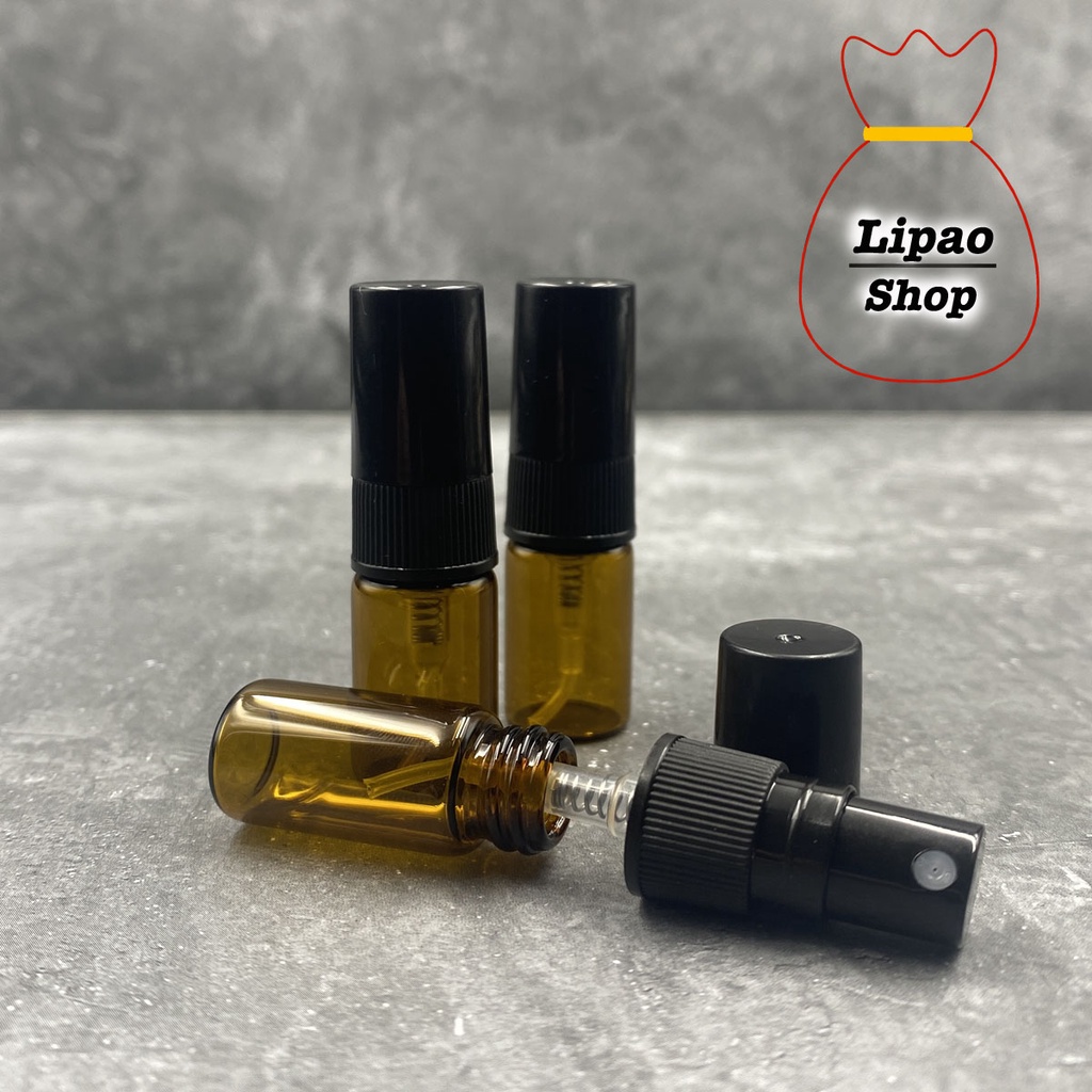 Botol Spray Kaca 2ml AMBER / Coklat - Refillable Travel Size Parfum Tutup HITAM - Atomizer Decant