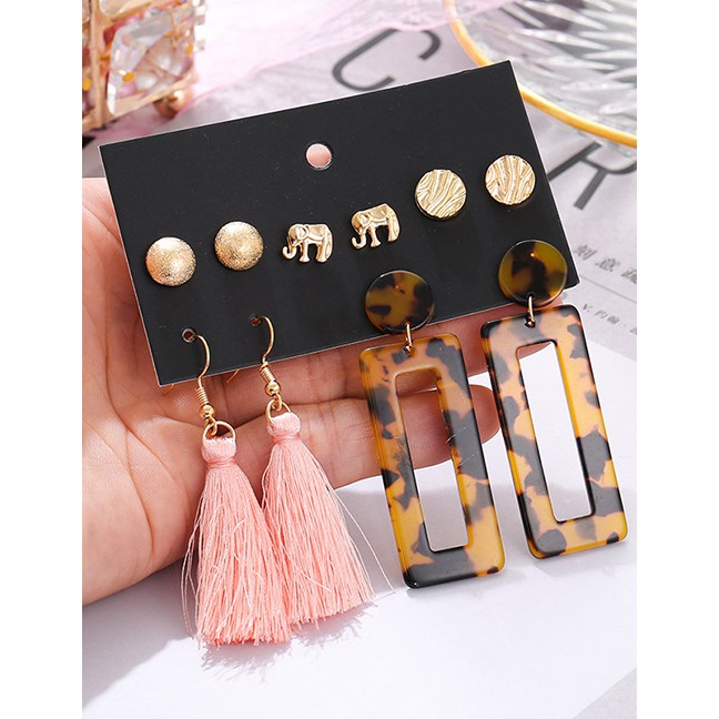 LRC Anting Set Fashion Gold Baby Elephant Acrylic Leopard Acetate Tassel Earrings Set F76194