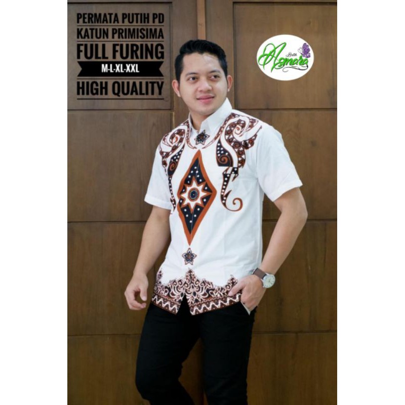 Kemeja Batik Exclusive Pria Batik Lengan Pendek Warna Putih Batik Warna Putih Terbaru PERMATA PENDEK