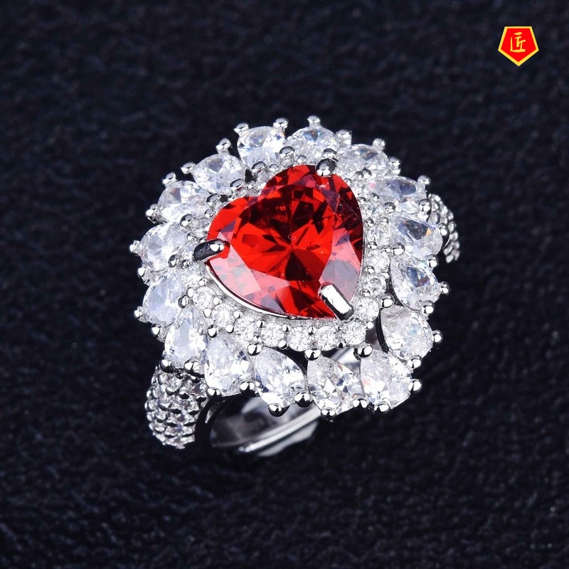 [Ready Stock]Heart-Shaped Natural Red Garnet Necklace Ring Earings Set