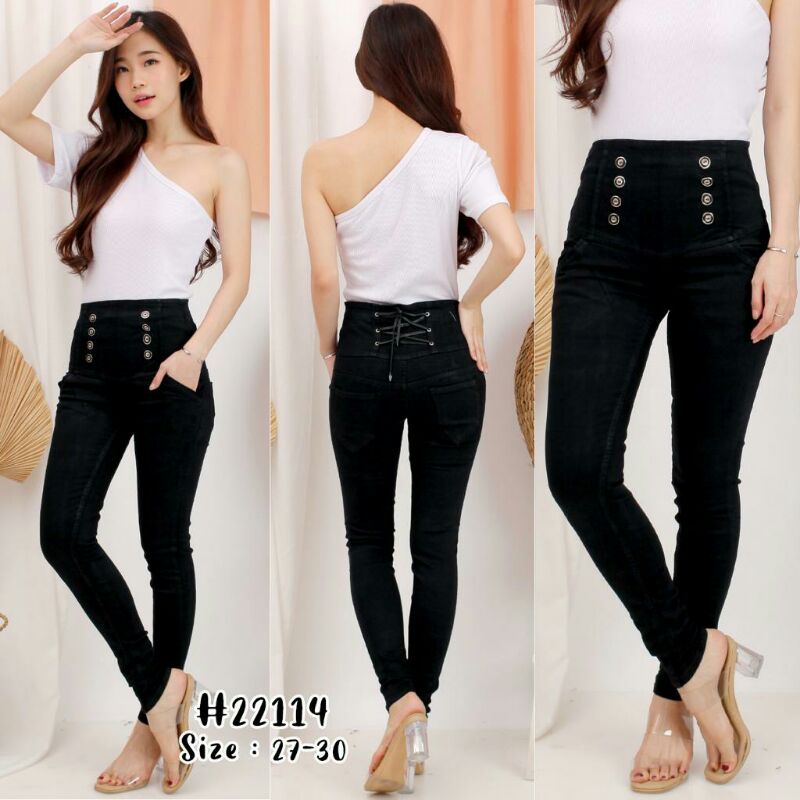 Celana Jeans Panjang Perempuan/Wanita High Waist/HW Pensil/Skinny Kancing 10 Tali Silang Belakang Mo