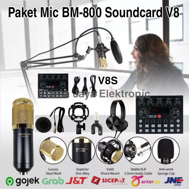 Paket Komplit Microphone BM800 Soundcard V8 Stand Arm NB35 Pop Filter Shield Rekaman Terbaik