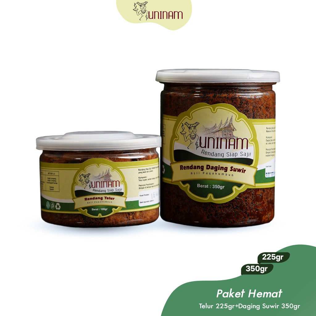 

UniNam Paket Hemat / Rendang Daging Suwir 350gr / Rendang Telur 100gr