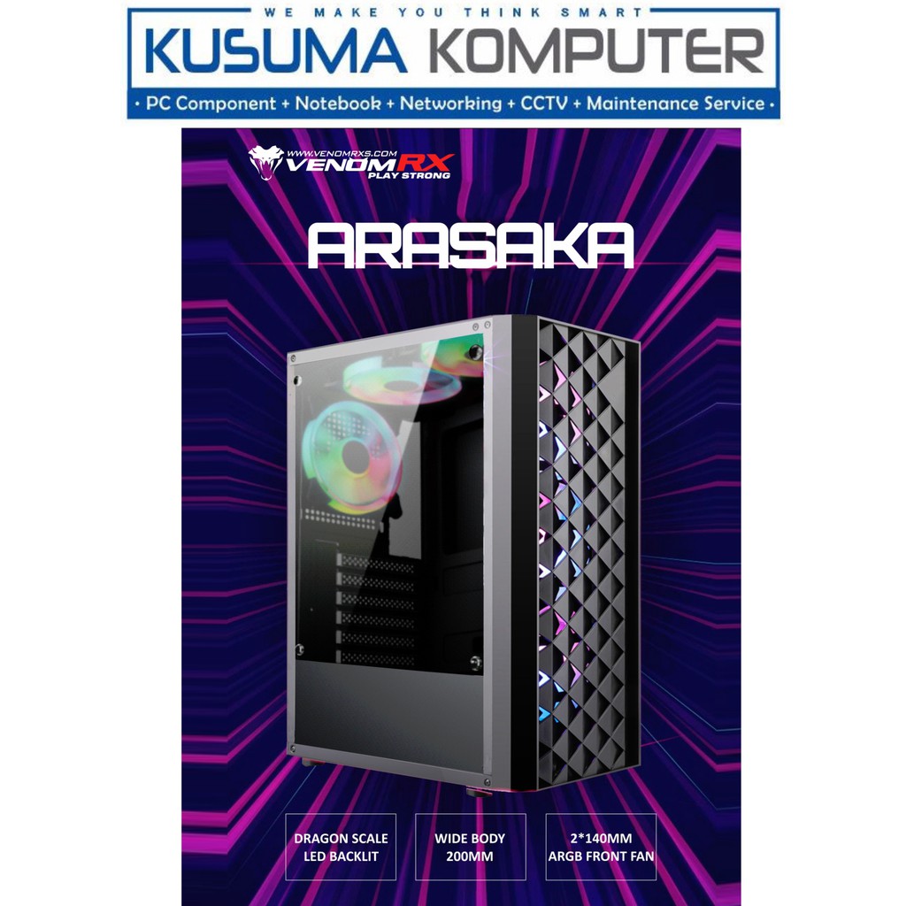 VenomRX Arasaka Black + 2 Fan RGB Tempered Glass casing PC