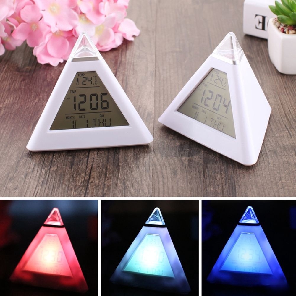 Jam Alarm Digital Portable Bentuk Piramida Dengan Led 7 Warna Untuk Kantor
