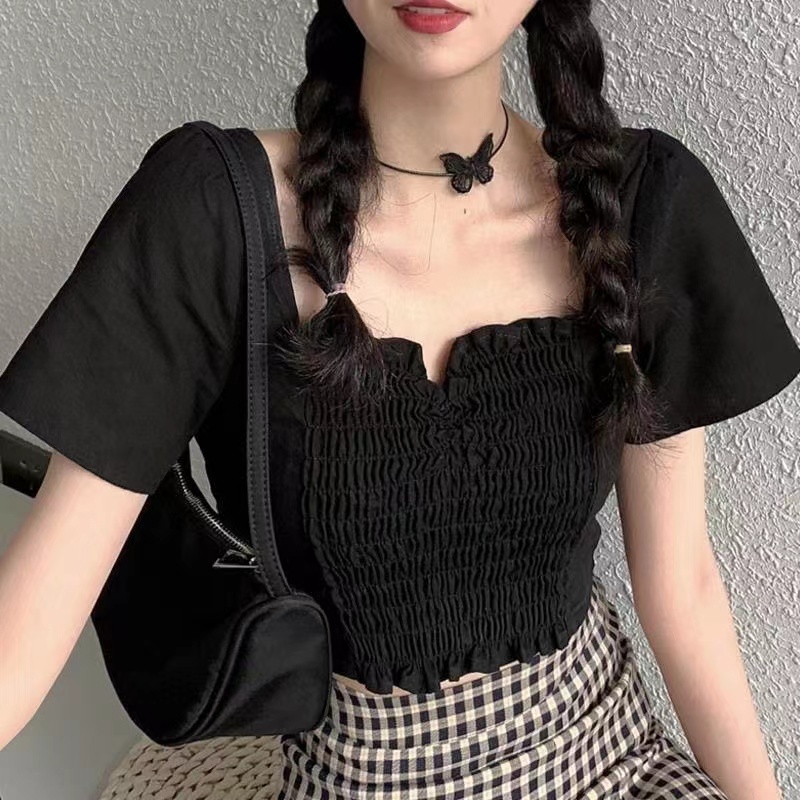 Atasan Kemeja Lengan Pendek Pusar Cropped Korea Lengan Puff