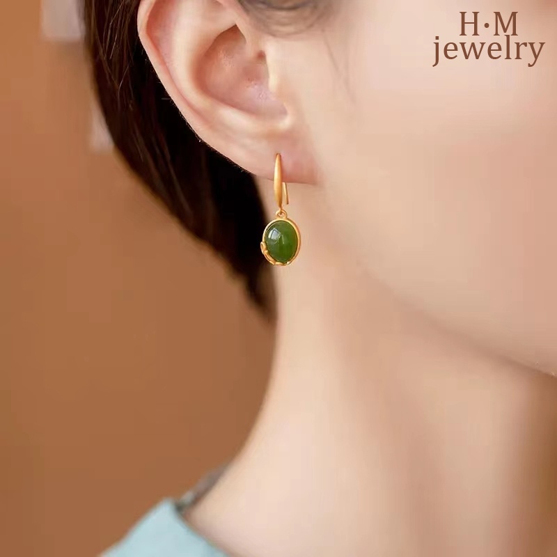 Anting Stud Giok Hetian Jasper Gaya Retro Perancis Untuk Wanita