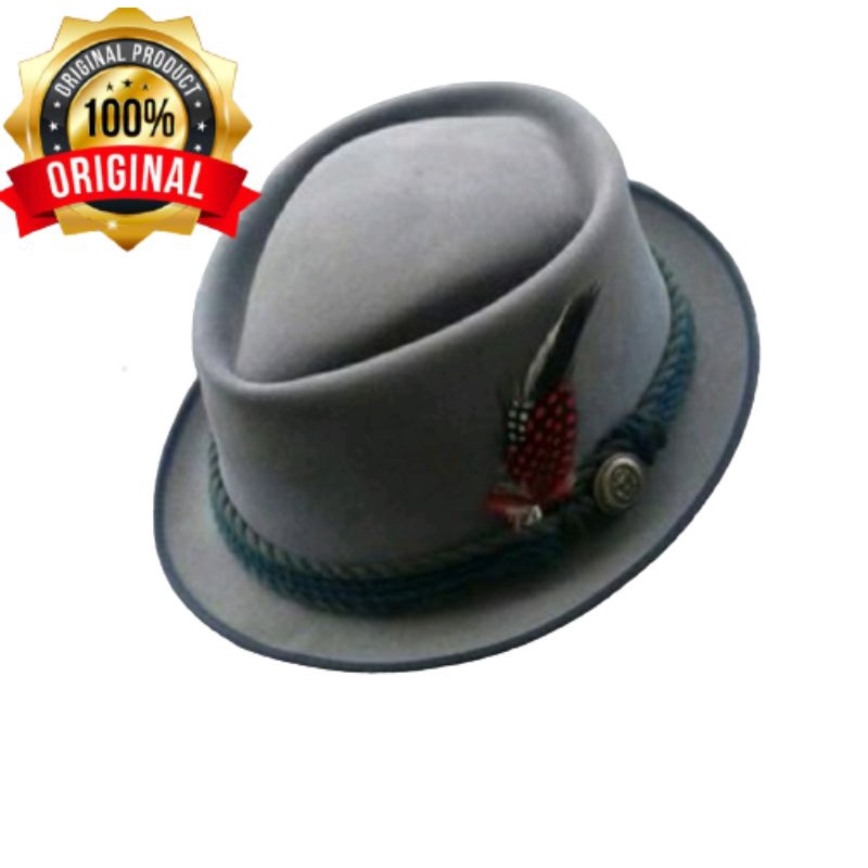 Topi Laken Trilby Warna Grey Tali Topi Fedora Bahan Kulit Wool Import