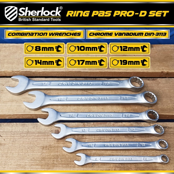 Kunci Ring Pas Set (6 pcs) Sherlock PRO-D 8mm -19 mm Chrume Vanadium DIN-3113