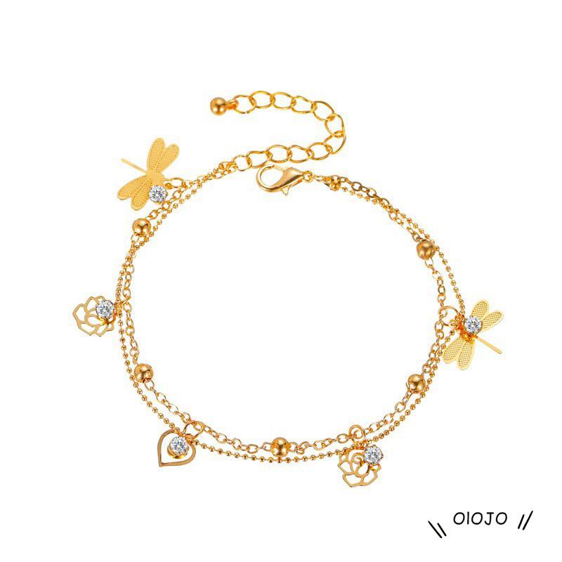 【COD】Gelang Kaki Rose Dragonfly Gelang Kaki Wanita Model Lapis Ganda Desain Mawar Capung Untuk Musim Panas / Pantai