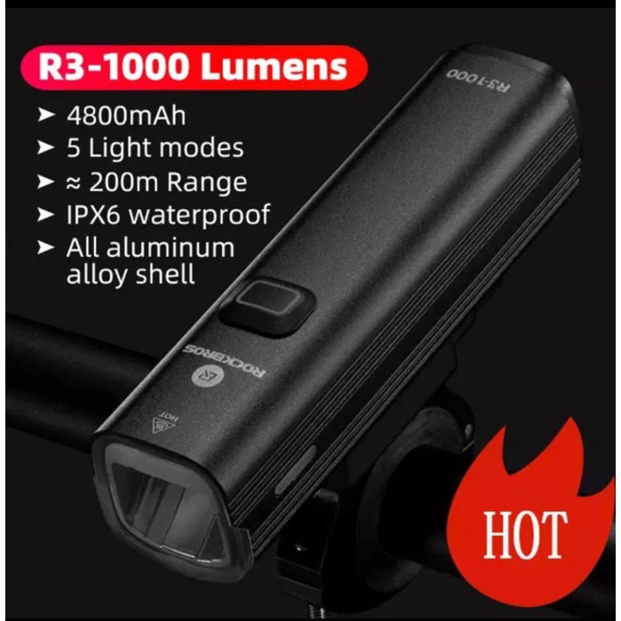 1000lm lampu sepeda led depan rockbros r3 1000 recharge waterproof ori