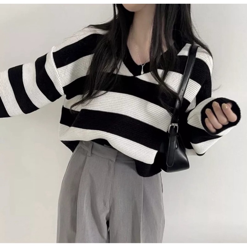 ZETTA KNITE SWEATER | SWEATER RAJUT STRIP WANITA KOREAN