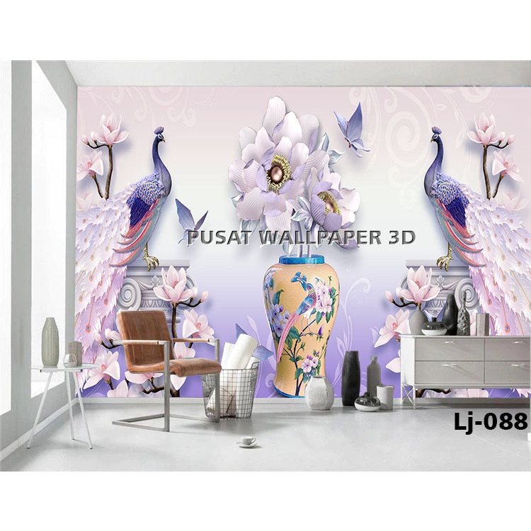 Cetak Wallpaper Custom Dinding Motif Merak 3d, Wallpaper Ruang Tamu Rumah Minimalis