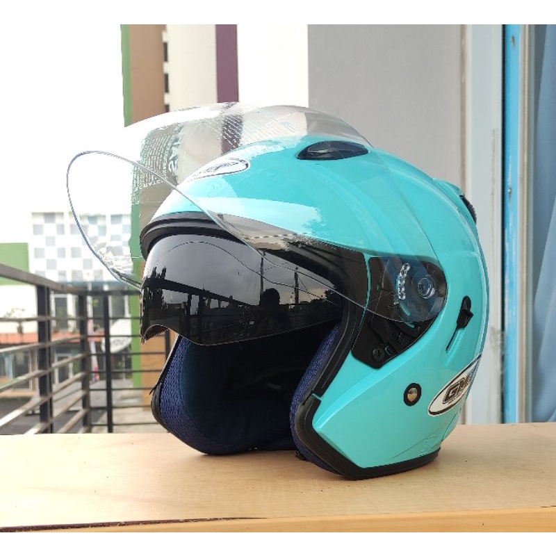 HELM HALF FACE CENTRO DOUBLE VISOR CEWEK COWOK COUPLE ORIGINAL GMT JADE BLUE TOSKA