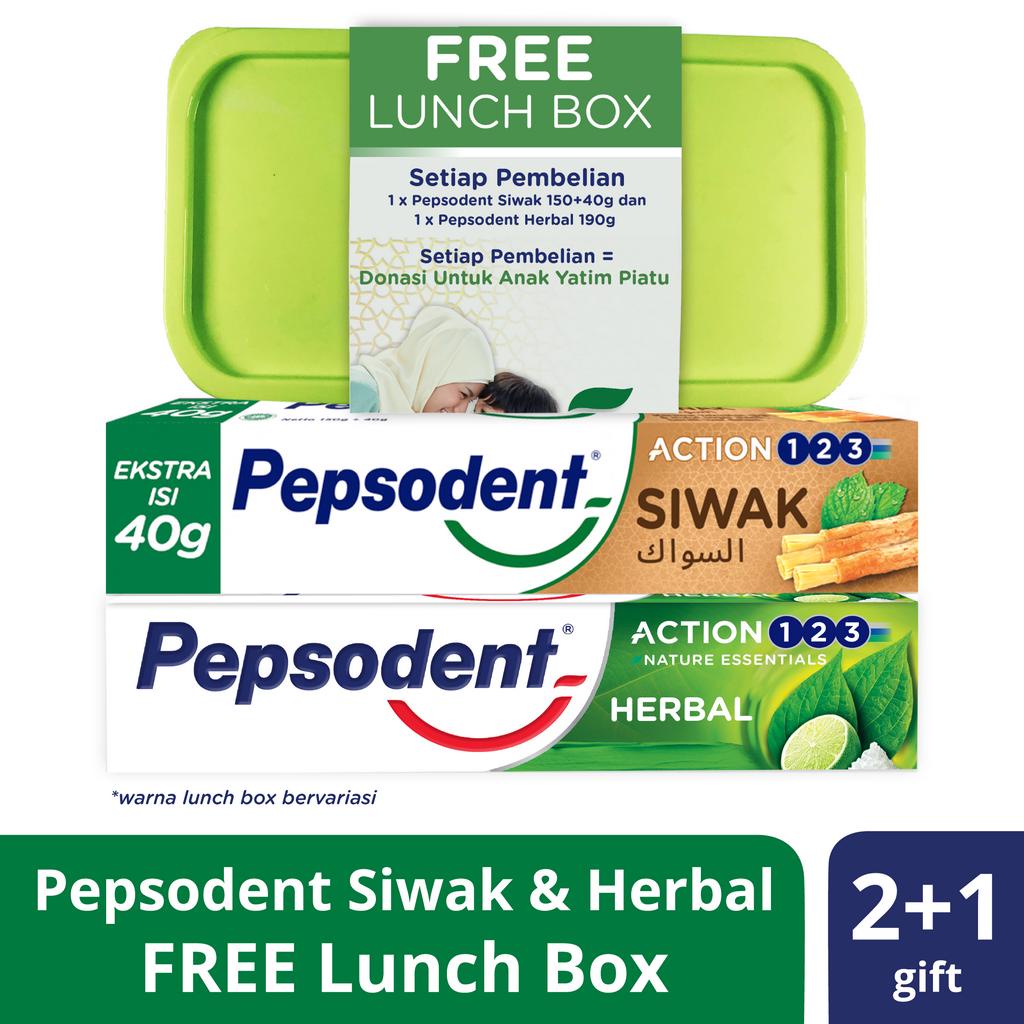 Pepsodent Pasta Gigi Siwak 150+40 gr Dan Herbal 190 gr Free Lunch Box