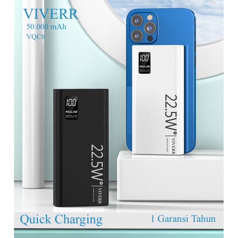 Powerbank QUICK CHARGING 22.5 W VIVERR kapasitas 50.000 mAh type VQC6 REAL kapasitas orginal garansi 1 Tahun.