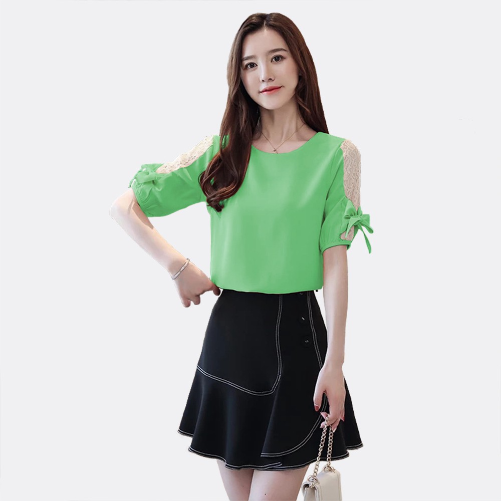 Blus Tangan pendek Gaya Korea kombinasi brukat Jfashion Blus Tangan pendek Gaya Korea kombinasi brukat Jfashion