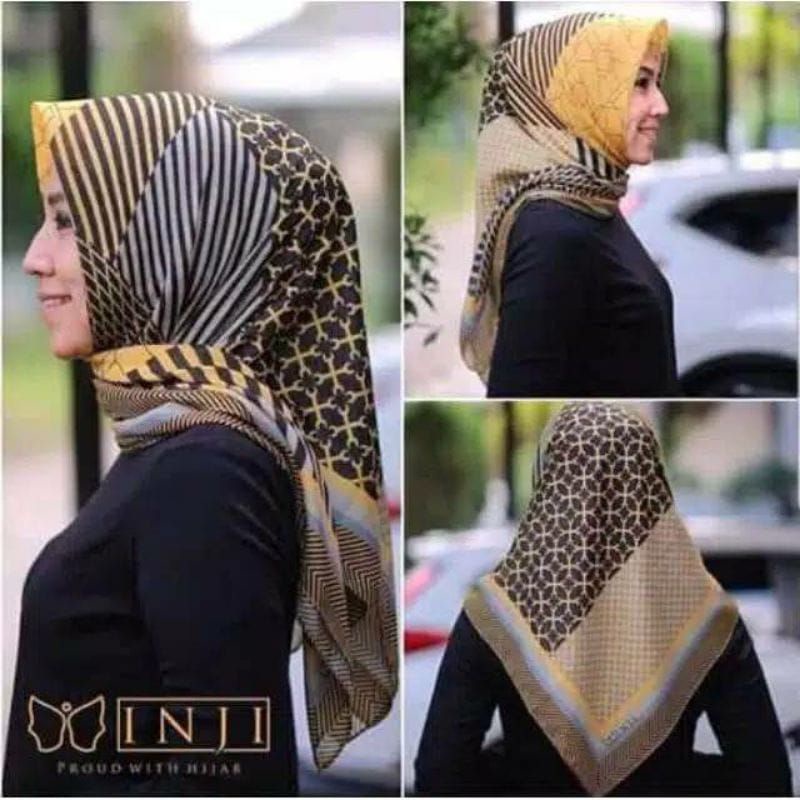 HIJAB SEGI EMPAT MOTIF PELAKOR KUNING HITAM SALUR/KERUDUNG VOAL PREMIUM