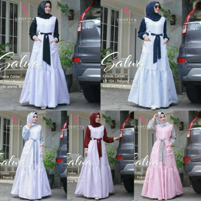 Gamis Motif Garis Garis Rempel Bawah Crincle Cotton Katun SALWA DRESS Busui ori Shofiya