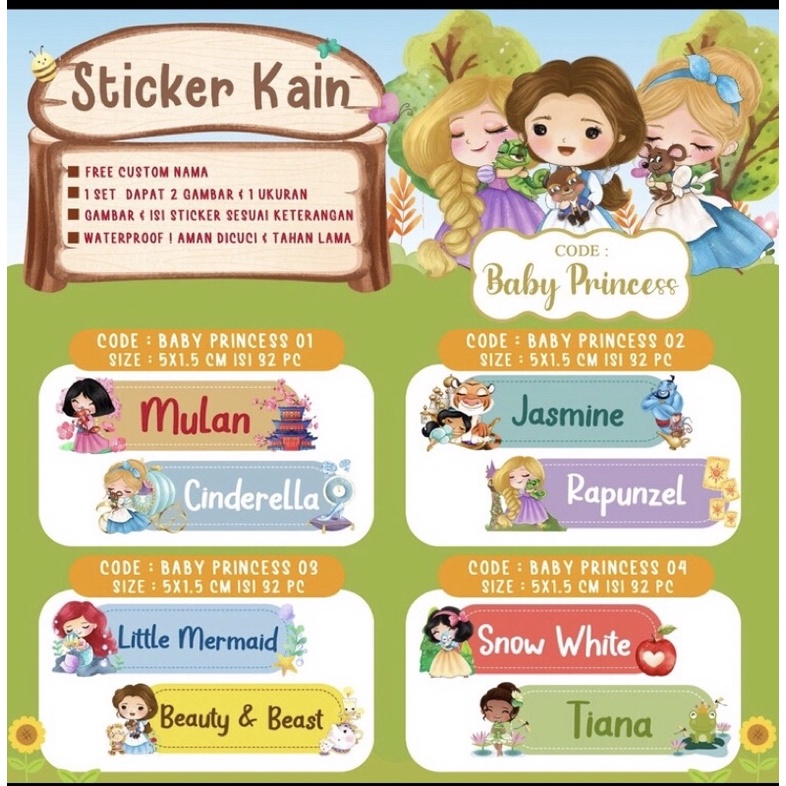 

Taurielstore - STIKER NAMA BAJU KAIN DISNEY PRINCESS FROZEN JASMINE ARIEL AURORA RAPUNZEL BRAVE ELSA ANNA MOANA MERMAID