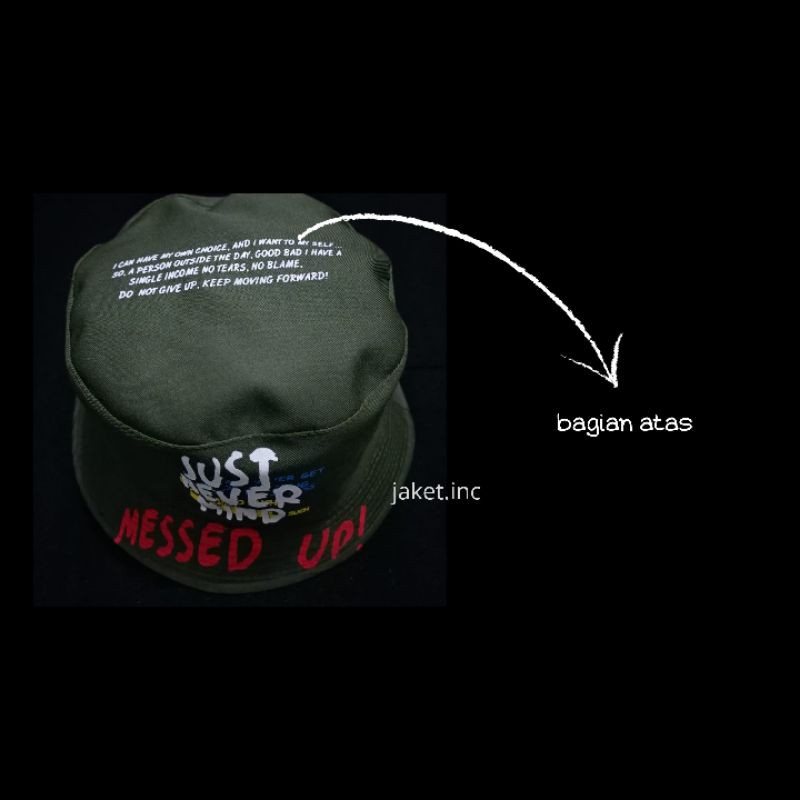 Topi Bucket bolak balik JUST NEVER MIND / topi bucket korea / baket gaul terbaru / topi baket murah