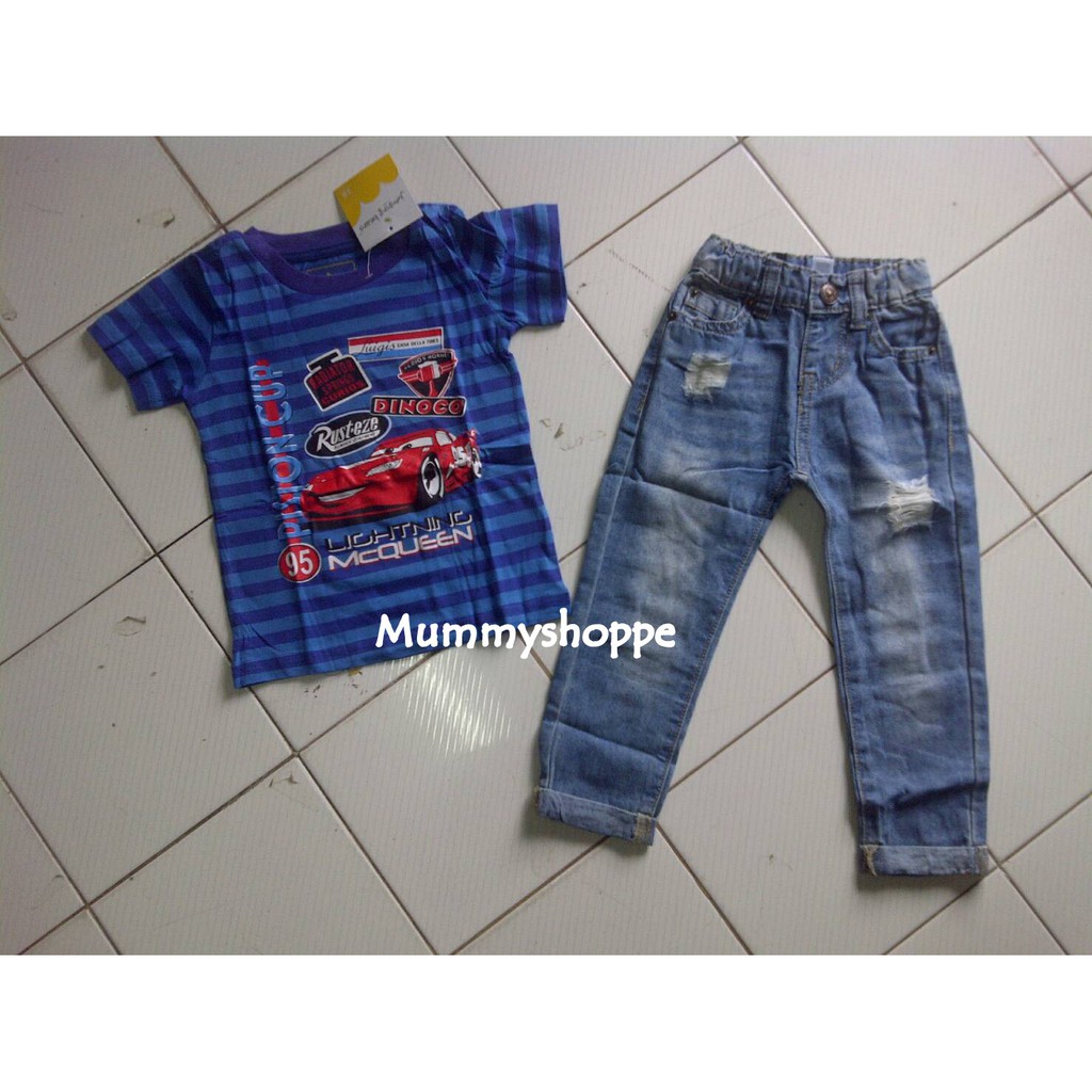 JB 34 C setelan jeans anak motif cars set jeans jumping beans