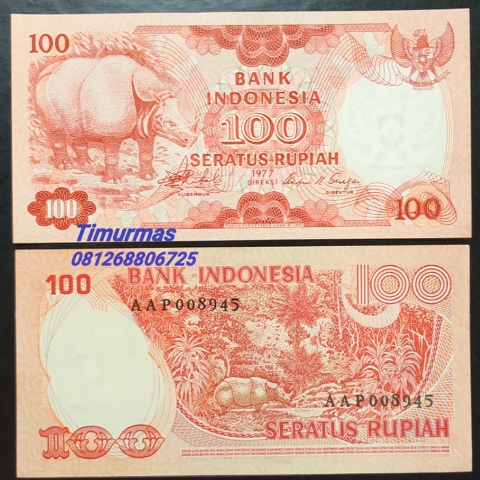 KUNO-UANG- UANG KUNO 100 RUPIAH 1977 BADAK - UNC -UANG-KUNO.