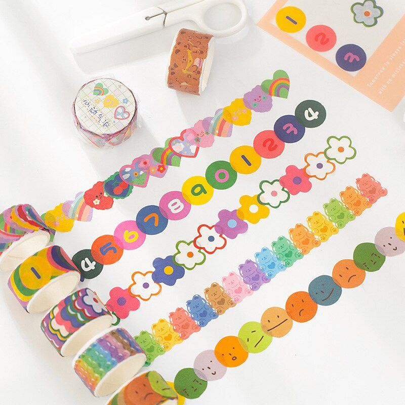 100pcs Sticker Washi Tape Roll Number Bear Flower Cherry Dekorasi Scrapbook Jurnal
