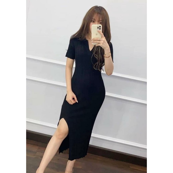 HOPYLOVY - Dress Wanita Rajut V Slit Arina