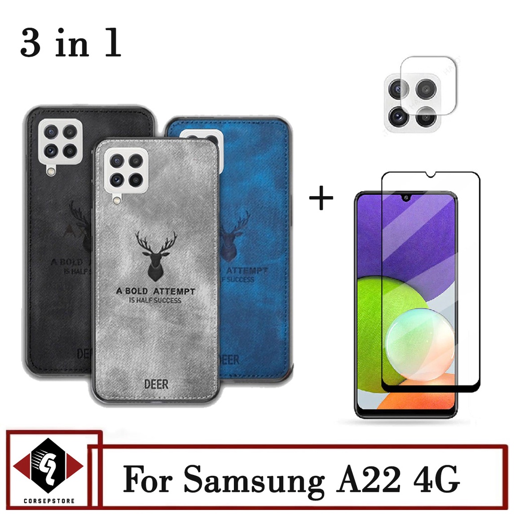 Promo Paket 3 IN 1 Case Deer Samsung A22 4G Free Tempered Glass Layar Dan Camera