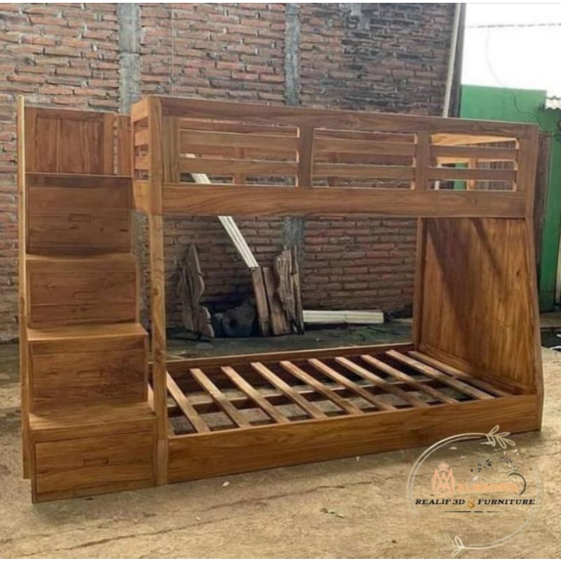 Dipan Tempat Tidur Anak Tingkat Full Jati Ukuran 140/160x200
