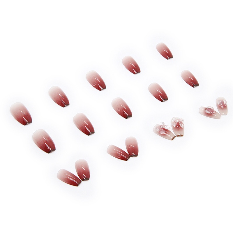 24pcs / Kotak Kuku Palsu Panjang Desain Butterfly Knot Hati Warna Gradasi Merah Transparan Untuk Dekorasi Nail Art