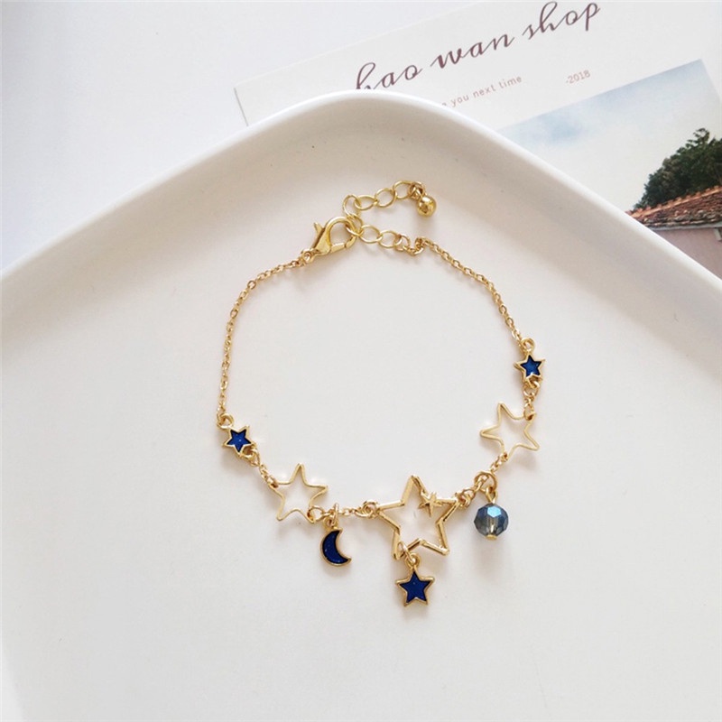 COD Gelang Titaniun Perak Berbentuk Hati Rantai Gelang Tangan Wanita Bunga Bintang Liontin Korea Fashion Gelang Wanita-Gelang-Blue
