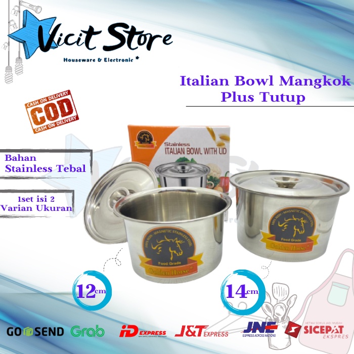 Mangkok Bowl Stainless Italian Plus Tutup Set 2Pcs 12cm &amp; 14cm